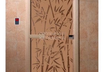 Дверь бан. DW 2000*800 кор. ольха-липа, БРОНЗА МАТОВОЕ с рис. Бамбук и бабочки, левая (00058) 1