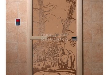 Дверь бан. DW 2000*800 кор. ольха-липа, БРОНЗА МАТОВОЕ с рис. Мишки (00939) 1