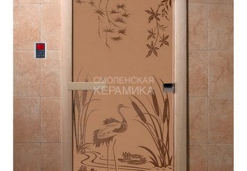Дверь бан. DW 2000*800 кор. ольха-липа, БРОНЗА с рис. Камышовый рай, (00046) левая 1
