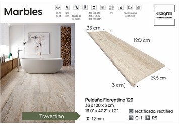 Ступень прямая противоскользящая Peldano ML 120, C3 Exagres Marbles Travertino, 33x120x3 см 2