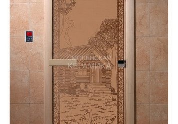 Дверь бан. DW 2000*800 кор. ольха-липа, БРОНЗА МАТОВОЕ с рис. Банька в лесу, левая (00922) 1